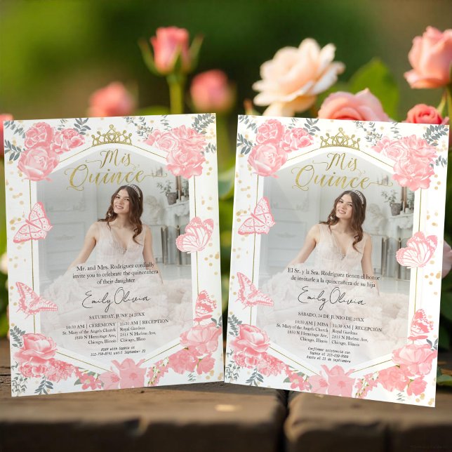 Papier Mis Quince Photo Budget Invitation Bilingue Rose (Créateur téléchargé)