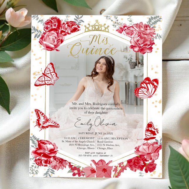 Papier Mis Quince Photo Budget Invitation Floral Rouge (Créateur téléchargé)