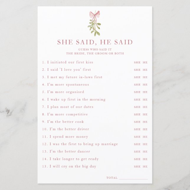 Papier Mistletoe Pink Bow Fête des mariées Elle A Dit Qu' (Devant)