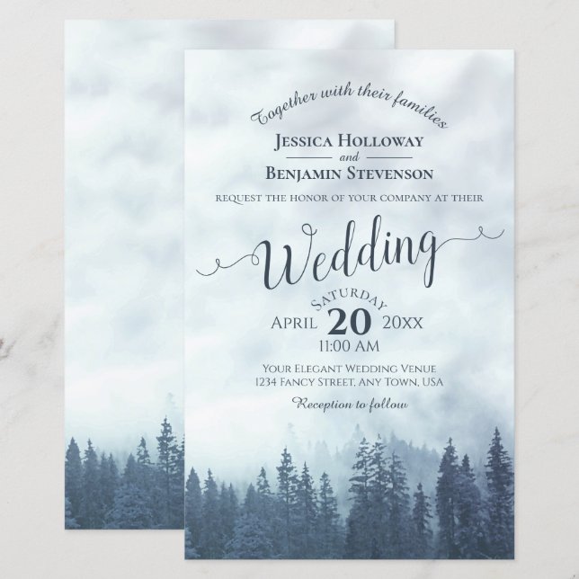 Papier Misty Blue Pines BUDGET Faire-part de mariage (Devant / Derrière)