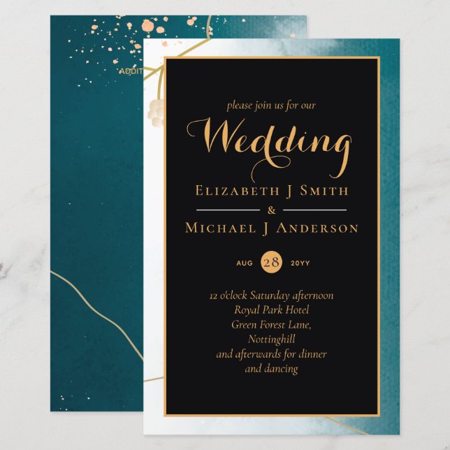 Papier Misty Turquoise Gold Faire-part de mariage BUDGET  (Devant / Derrière)