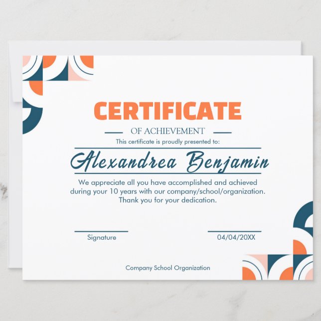Papier Modern Blue Orange Certificate of Achievement Prof (Devant)