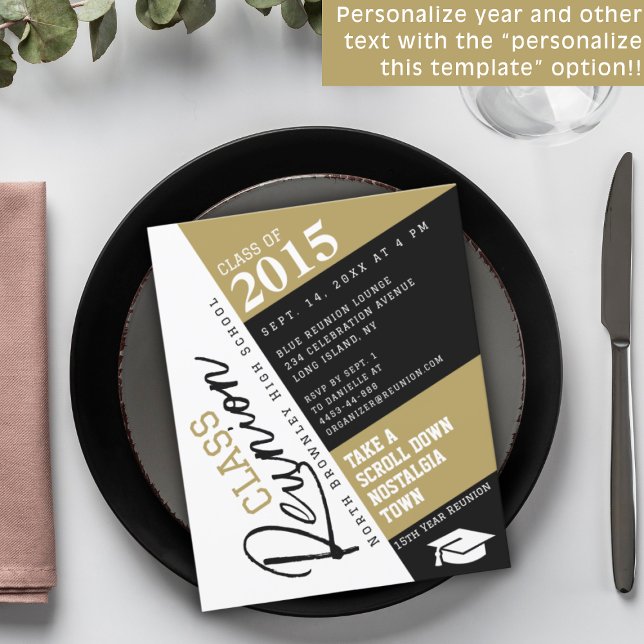 Papier Modern Diagonal School Class Reunion Invitation (Black, white and tan school class reunion design)
