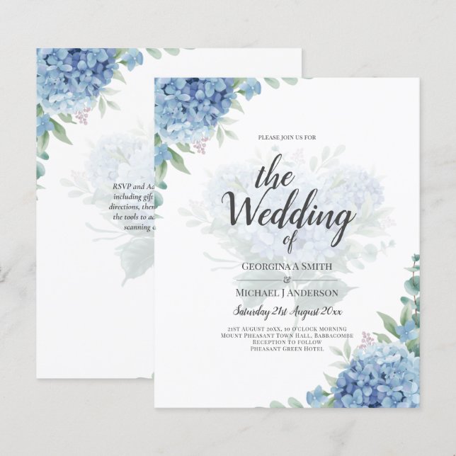 Papier Moderne Blue Hydrangea Floral Faire-part de mariag (Devant / Derrière)