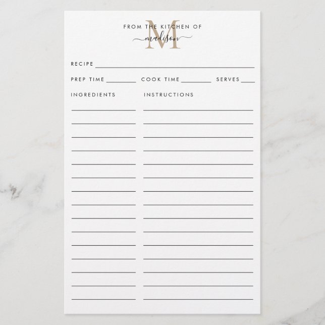 Papier Moderne de la cuisine de l'or Monogramme Recette (Devant)