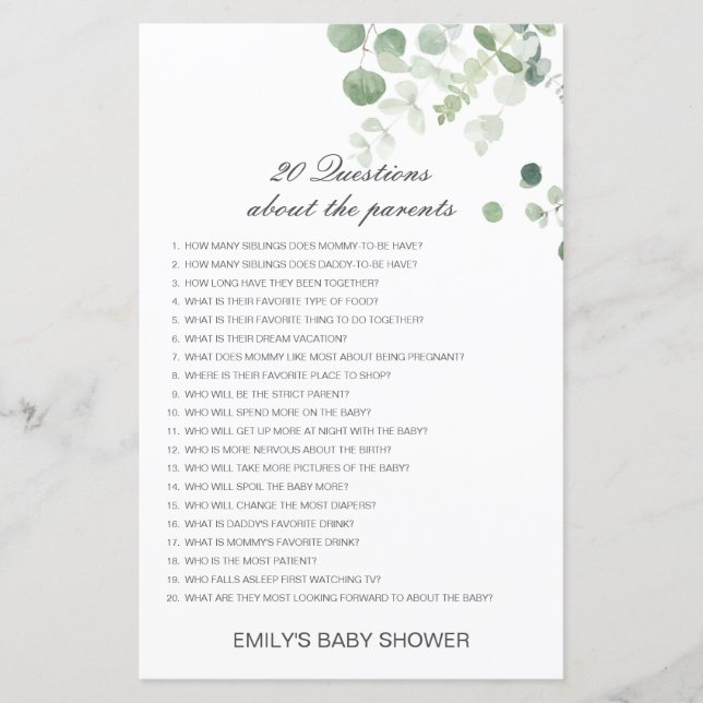 Papier Modifiable 20 Questions sur le Baby shower des par (Devant)