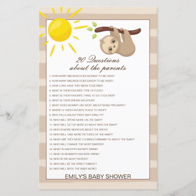 Papier Modifiable 20 Questions sur le Baby shower des par (Devant)