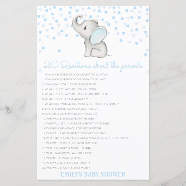 Papier Modifiable 20 Questions sur le Baby shower des par (Devant)