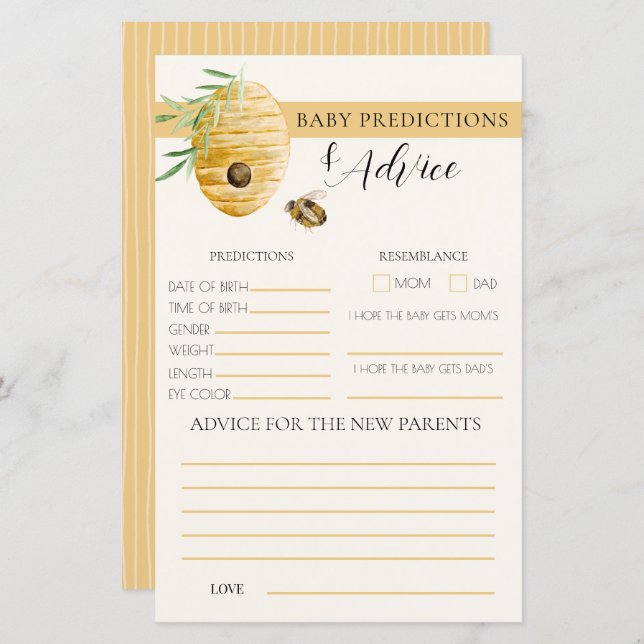 Papier Mommy To Bee Yellow Baby Shower Prediction Game (Devant / Derrière)