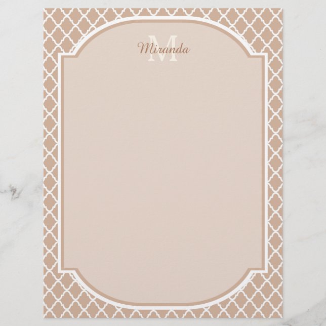 Papier Monoggramme de Quatrefoil Preppy Tan avec nom (Devant)