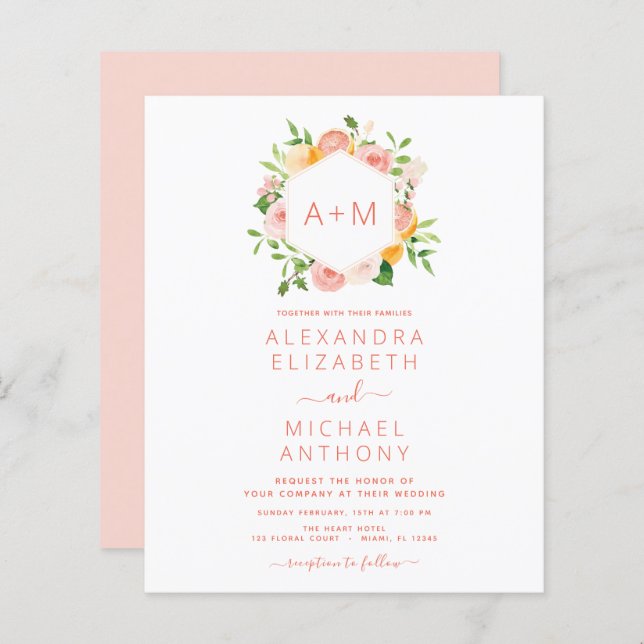 Papier Monogramme Blush Pink Citrus Floral Mariage (Devant / Derrière)