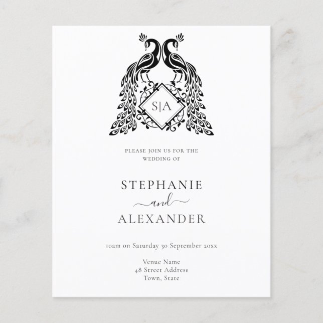 Papier Monogramme Budget Peacock noir QR Mariage Invitati (Devant)