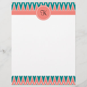 Papier Monogramme Coral rose et Turquoise Motif Zigzag