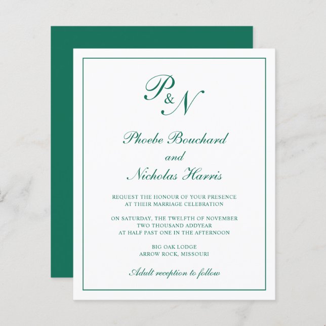 Papier Monogramme Emerald Green Budget Faire-part de mari (Devant / Derrière)
