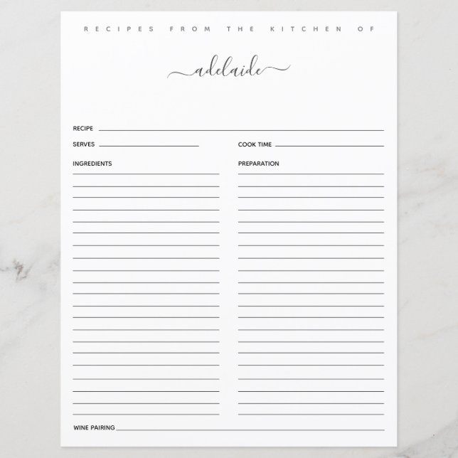 Papier Monogramme Noir Blanc Moderne Recettes Par Recette (Devant)