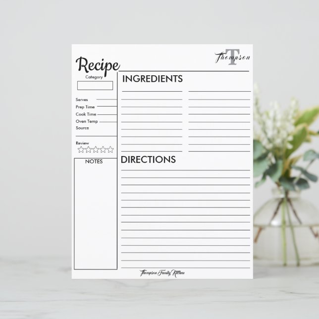 Papier Monogramme personnalisé de la cuisine de.. Recette (Debout devant)