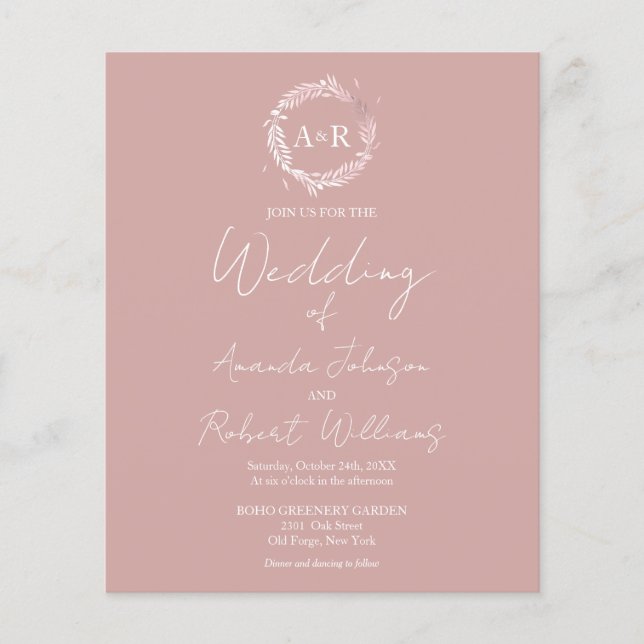 Papier Monogramme rose Invitations de mariage budgétaire (Devant)