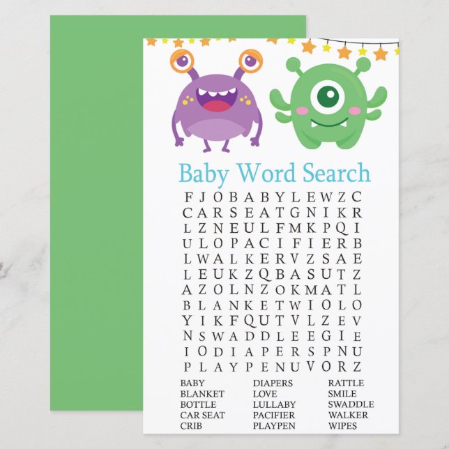 Papier Monster Baby shower Mot de recherche Jeu (Devant / Derrière)