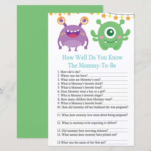 Papier Monster COMMENT VOUS CONNAISSEZ baby shower jeu (Devant / Derrière)