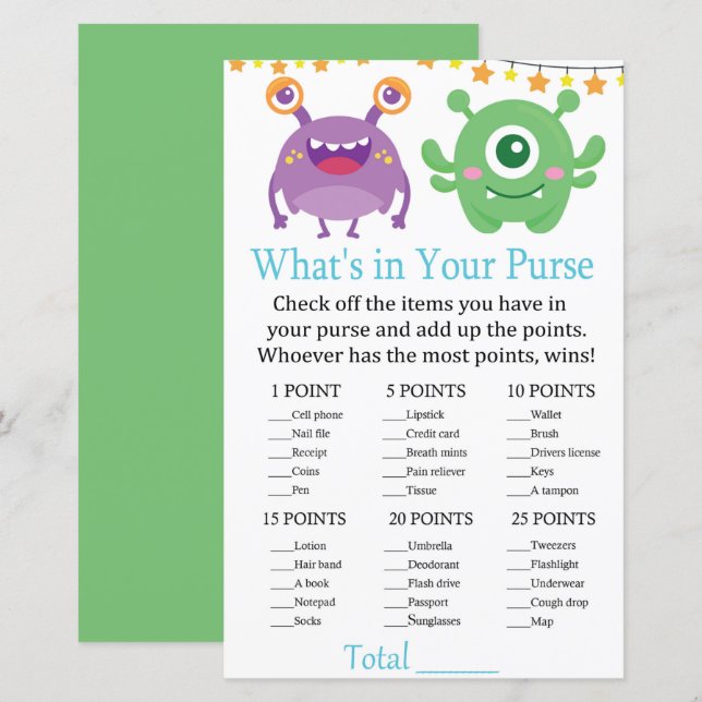 Papier Monster What's In Your Purse Jeu baby shower (Devant / Derrière)