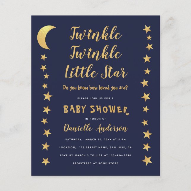Papier Moon Stars Blue Gold Budget Baby shower Invitation (Devant)