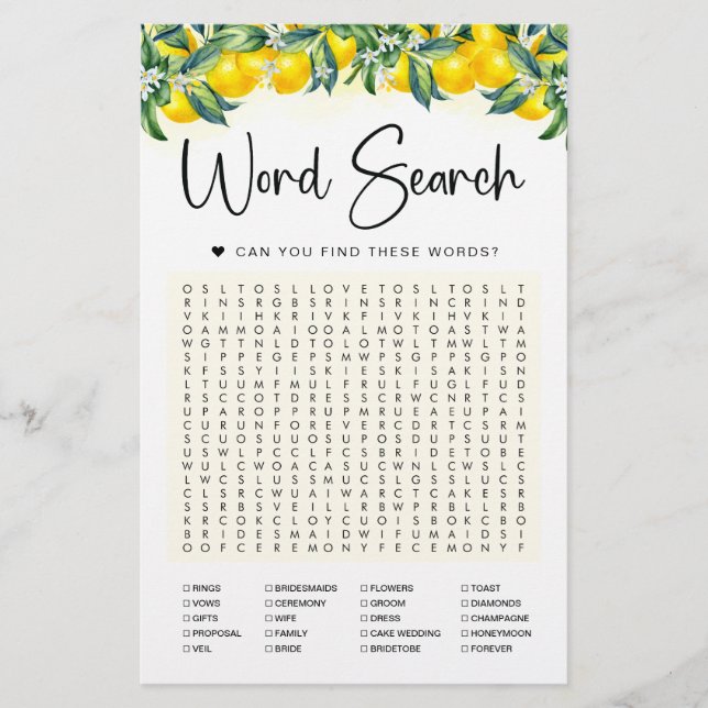 Papier Mot de recherche Jeu Lemon Fête des mariées Card (Devant)