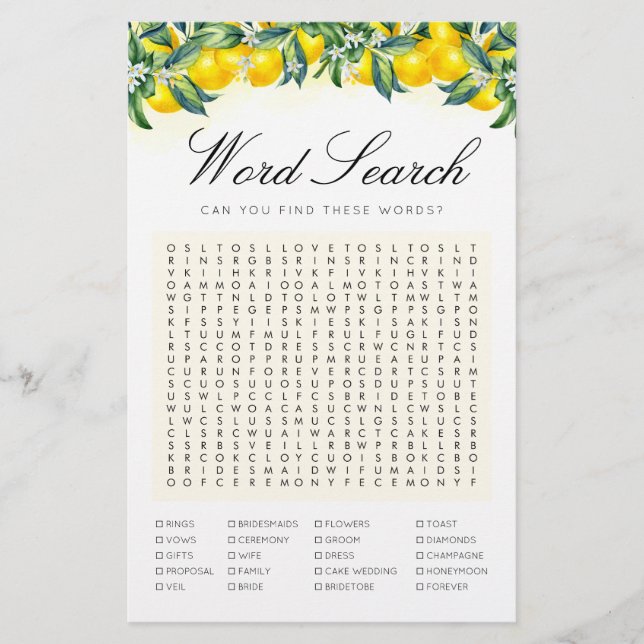 Papier Mot de recherche Lemon Game Fête des mariées Card (Devant)
