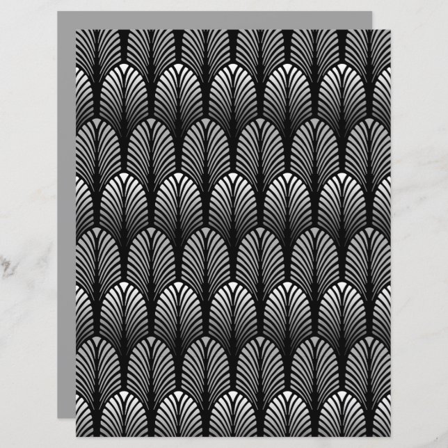 Papier Motif Art Déco en plumes, gris argenté et noir (Devant / Derrière)