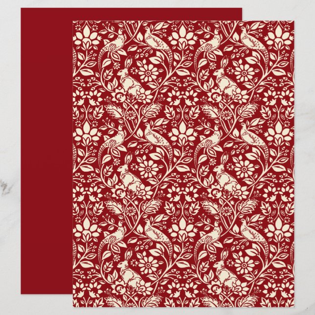 Papier Motif de faisan et lièvre, rouge profond et crème (Devant / Derrière)