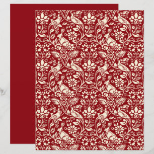 Papier Motif de faisan et lièvre, rouge profond et crème