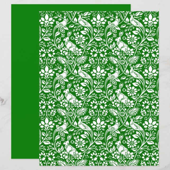 Papier Motif de faisan et lièvre, vert émeraude et blanc (Devant / Derrière)