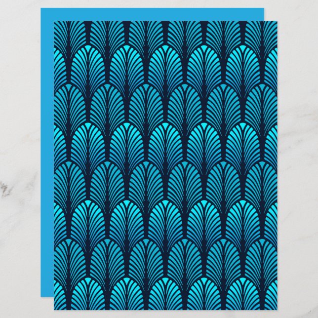 Papier Motif en plumes Art déco, bleu cérulean (Devant / Derrière)