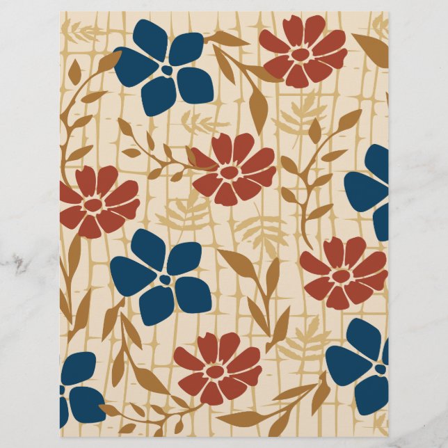 Papier Motif Floral rouge et bleu : (Devant)