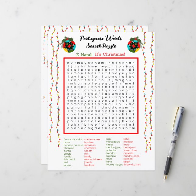 Papier Mots portugais de Noël Recherche Puzzle pour enfan (Devant/Arrière en situation)
