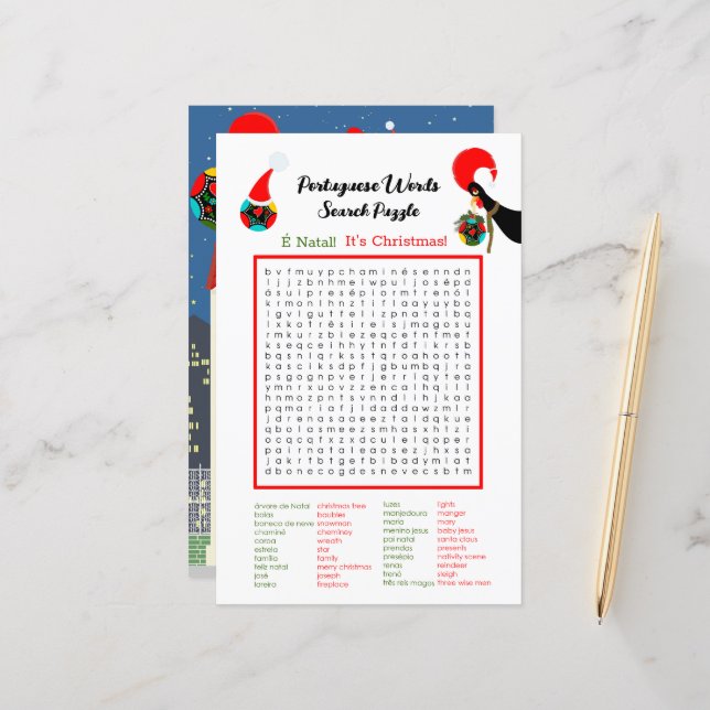 Papier Mots portugais de Noël Recherche Puzzle pour enfan (Devant/Arrière en situation)