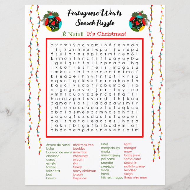 Papier Mots portugais de Noël Recherche Puzzle pour enfan (Devant)