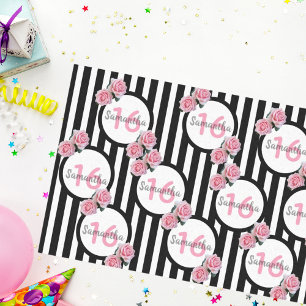 Papier Mousseline 16e anniversaire chic rose roses noir blanc rayure