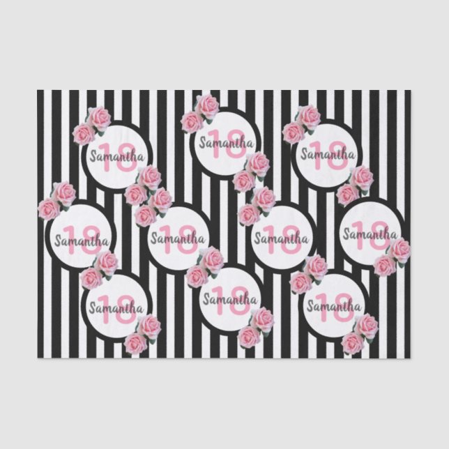 Papier Mousseline 18e anniversaire chic rose roses noir blanc rayure (Recto)