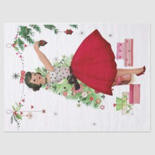 Papier Mousseline 1950 Femme de Noël avec arbre de Noël