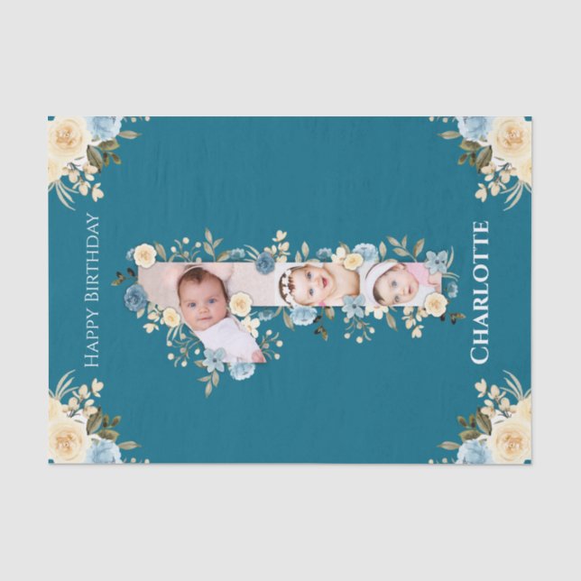 Papier Mousseline 1er anniversaire Photo Collage Turquoise bleu jaun (Recto)