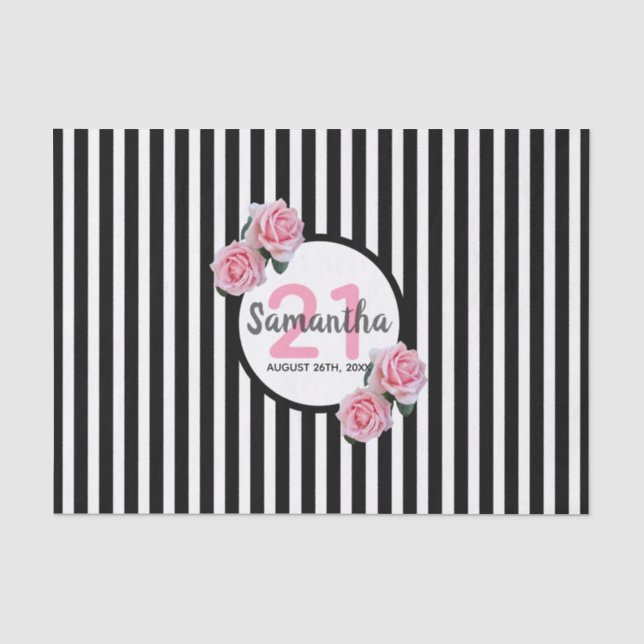Papier Mousseline 21e anniversaire noir blanc rayures rose roses (Recto)