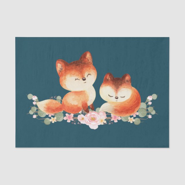 Papier Mousseline 2 mignons Petits Renards Rouges Aquarelle Design (Recto)