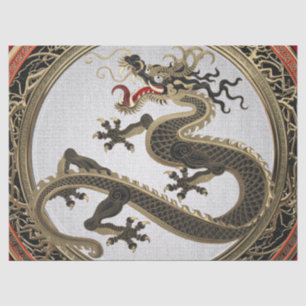 Papier Mousseline [600] Dragon oriental sacré noir et or