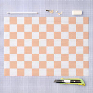 Papier Mousseline à damiers carré pêche orange blanc géométrique