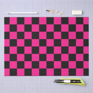 Papier Mousseline à damiers carré rose chaud noir rétro géométrique