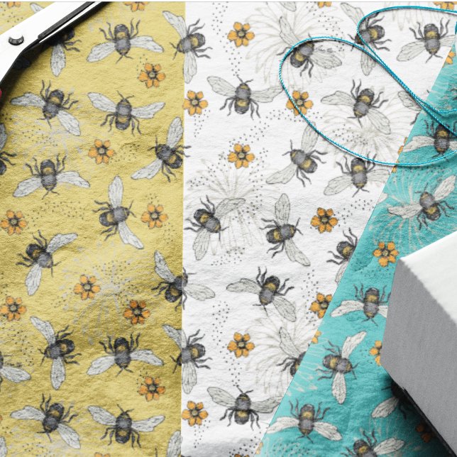 Papier Mousseline Abeille à Miel Branchée Turquoise Printanière et E (Cute, happy bees and yellow Cosmos Spring and Summer flowers. In many colors and wrapping paper too )