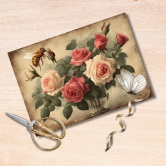 Papier Mousseline Abeille vintage et Papillon aux roses roses roses