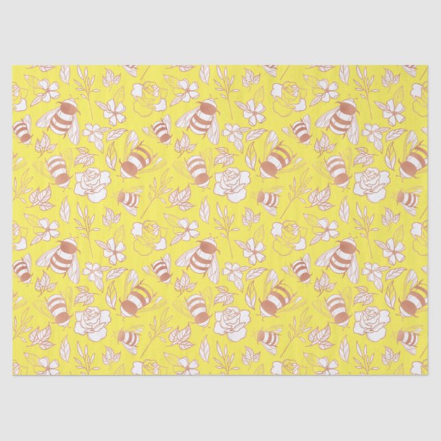 Papier Mousseline Abeilles et fleurs d'or roses sur Jaune (Recto)