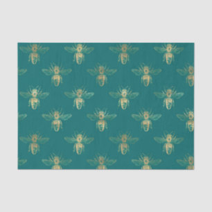 Papier Mousseline Abeilles Turquoises vintages et à huile d'or