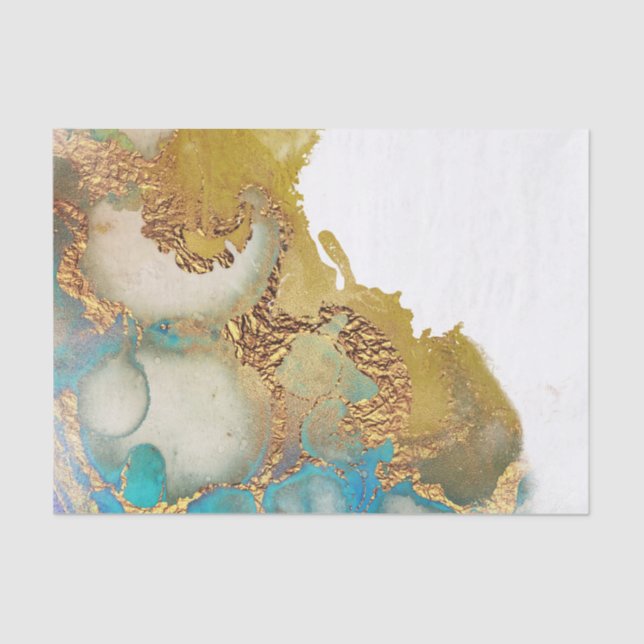 Papier Mousseline Abstract teal gold Agate Watercolor (Recto)